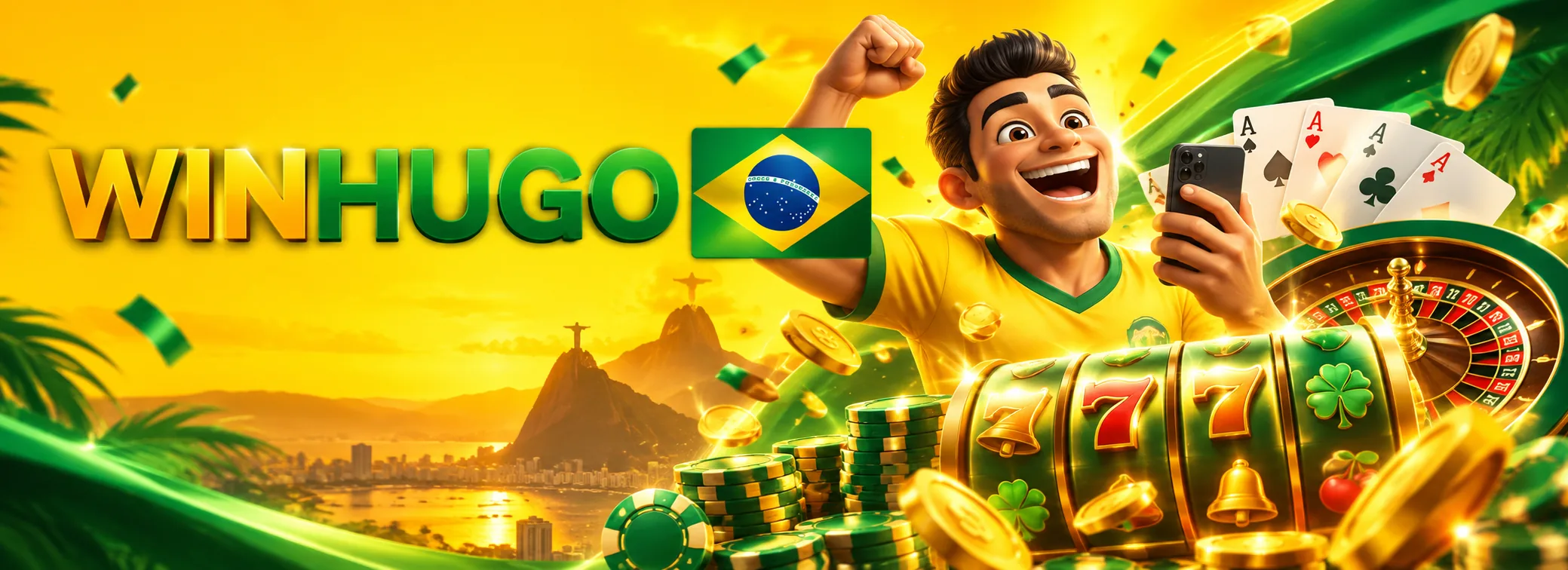 Banner do bônus de boas-vindas do Winhugo Brasil com 100% até R$ 6.000 e 100 rodadas grátis